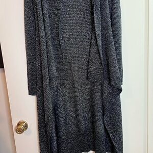 Cozy Long Open-Front Cardigan in Charcoal Metallic